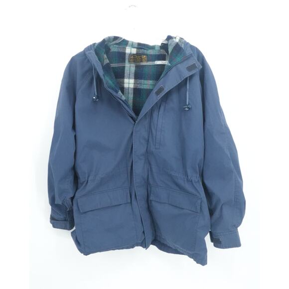 Eddie Bauer Jacket Men XL Blue Plaid Wool Blend Flannel Lined Hooded Parka Chore